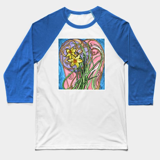 Two Daffodils and Branches Painting in Art Nouveau Style, Pastel Colors Baseball T-Shirt by CrysOdenkirk